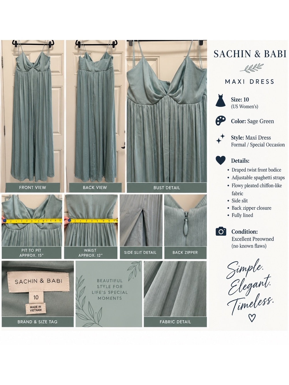 Sachin & Babi Sage Green Pleated Maxi Formal Dress Size 10